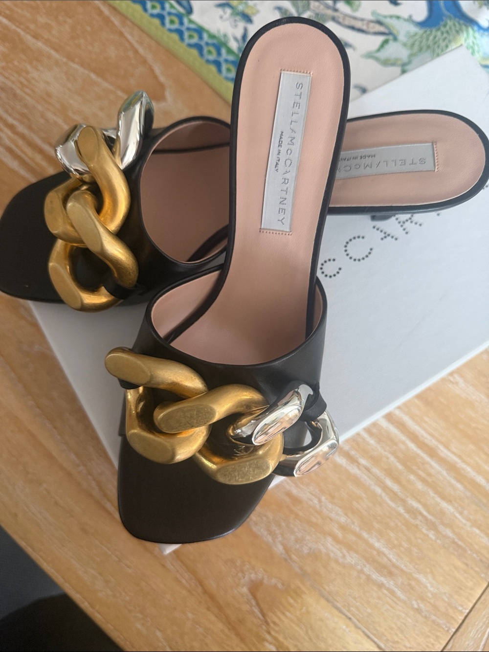 Stella McCartney Black Slide Mules with Oversized Gold Chain - Picture 2 of 3